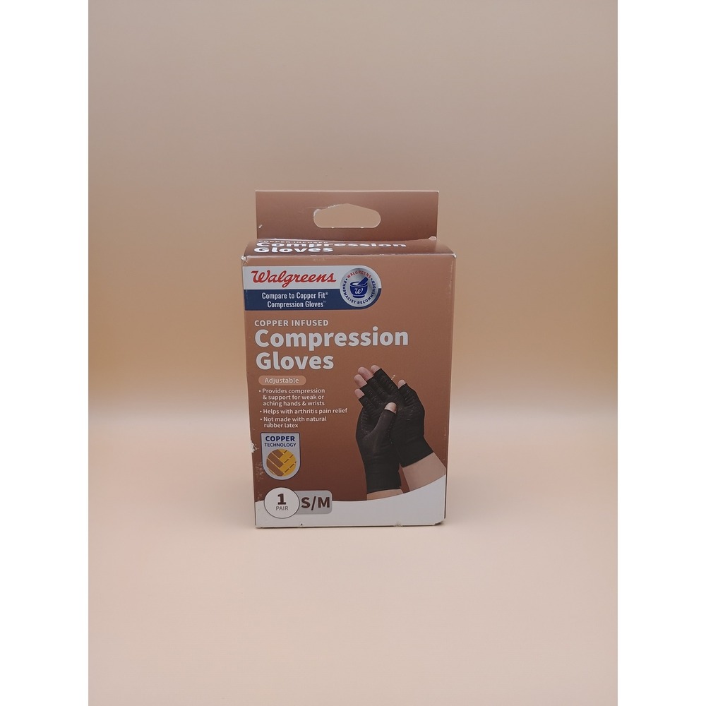 Walgreens Copper Infused Compression Gloves S/M Arthritis Pain Relief BLK 1 Pair